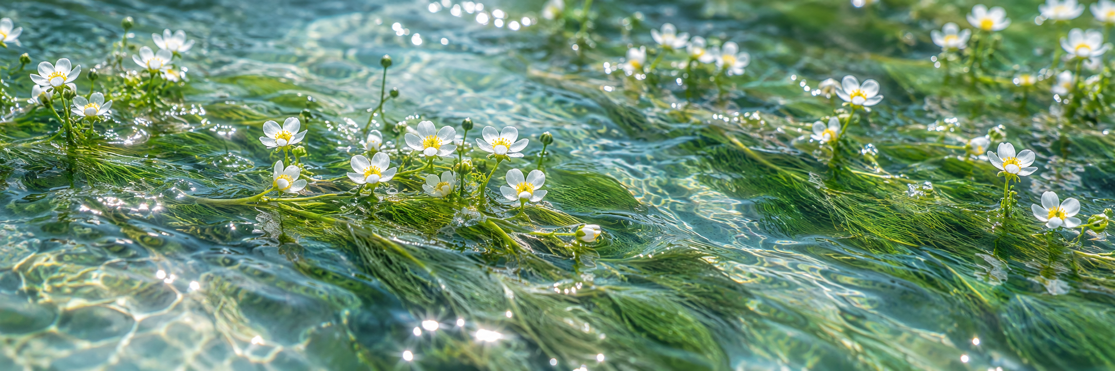 澄んだ流水に揺れる細い緑の梅花藻と、小さな白い花